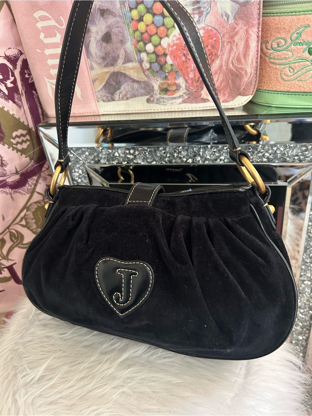 Y2K Vintage 2011 Juicy Couture Black Velour Shoulder Bag Butterfly Heart Charm - Picture 2 of 14